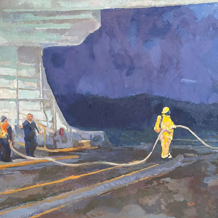 FILLNG A TESLA, Peter Malarkey, oil on linen, 26 x 46 inches, copyright ©2024