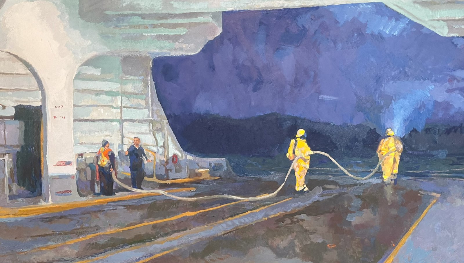 FILLNG A TESLA, Peter Malarkey, oil on linen, 26 x 46 inches, copyright ©2024