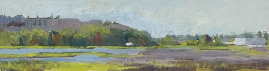 EDMONDS MARSH PANO, oil on ACM panel, 8 x 30 inches, copyright ©2023